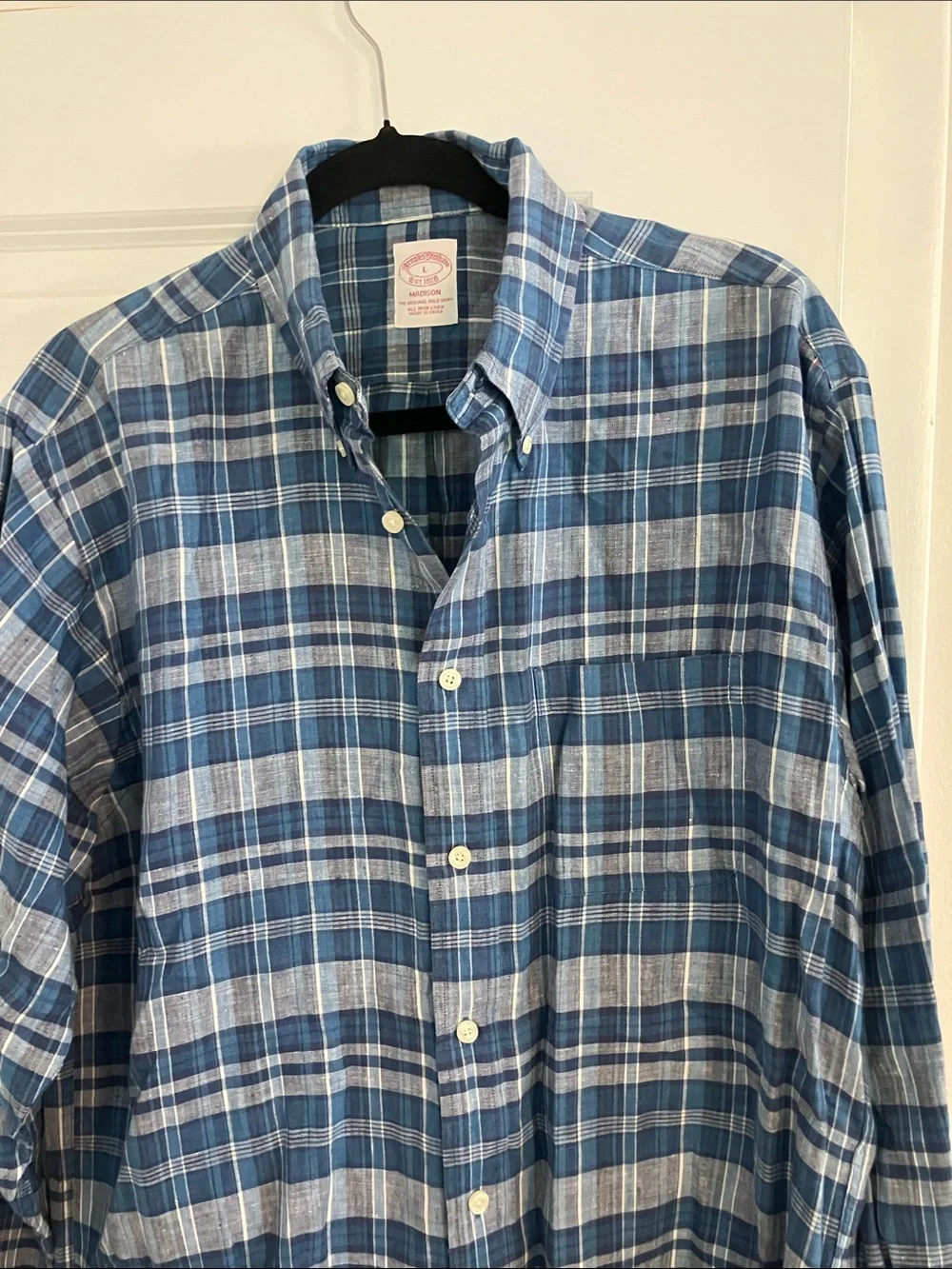 Brooks Brothers Blue Plaid Madison Linen Button-Down Shirt